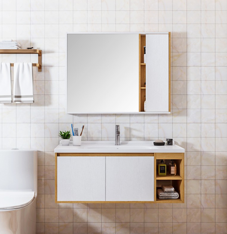 Mobile bagno Roma sospeso da 100 cm rovere chiaro e bianco effetto legno  con lavabo specchio e pensile - Gaglioti arredi e ceramiche