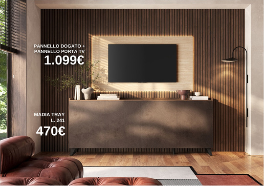 Soggiorno composizione 304: pannello dogato e porta TV a 1.099 euro; Madia Tray a 470 euro