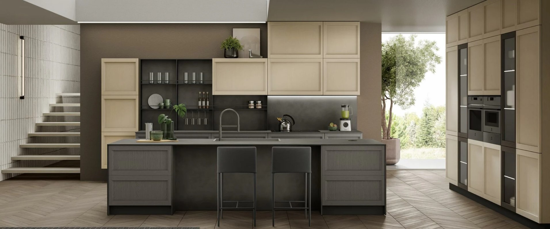 Cucina a progetto con mobili chiari e isola grigia