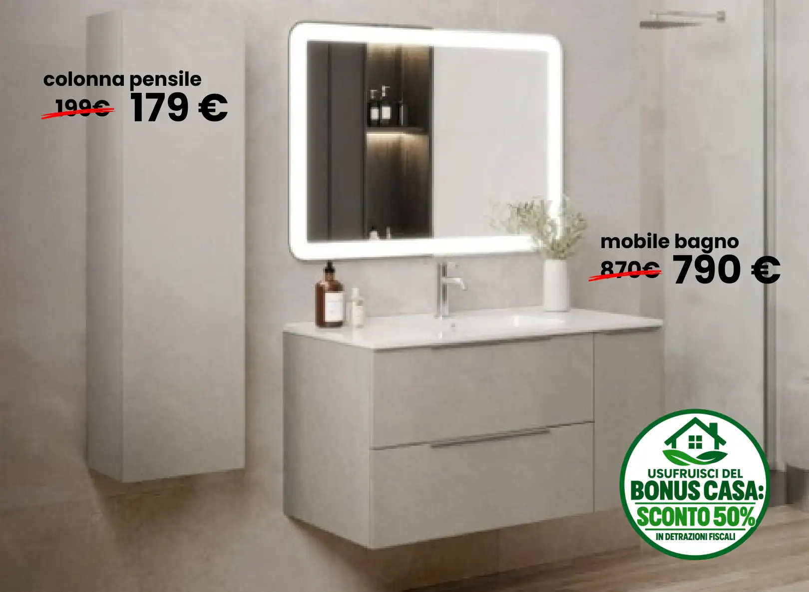 Mobile bagno Lebron da 120 cm a 790 euro, colonna pensile separata a 179 euro